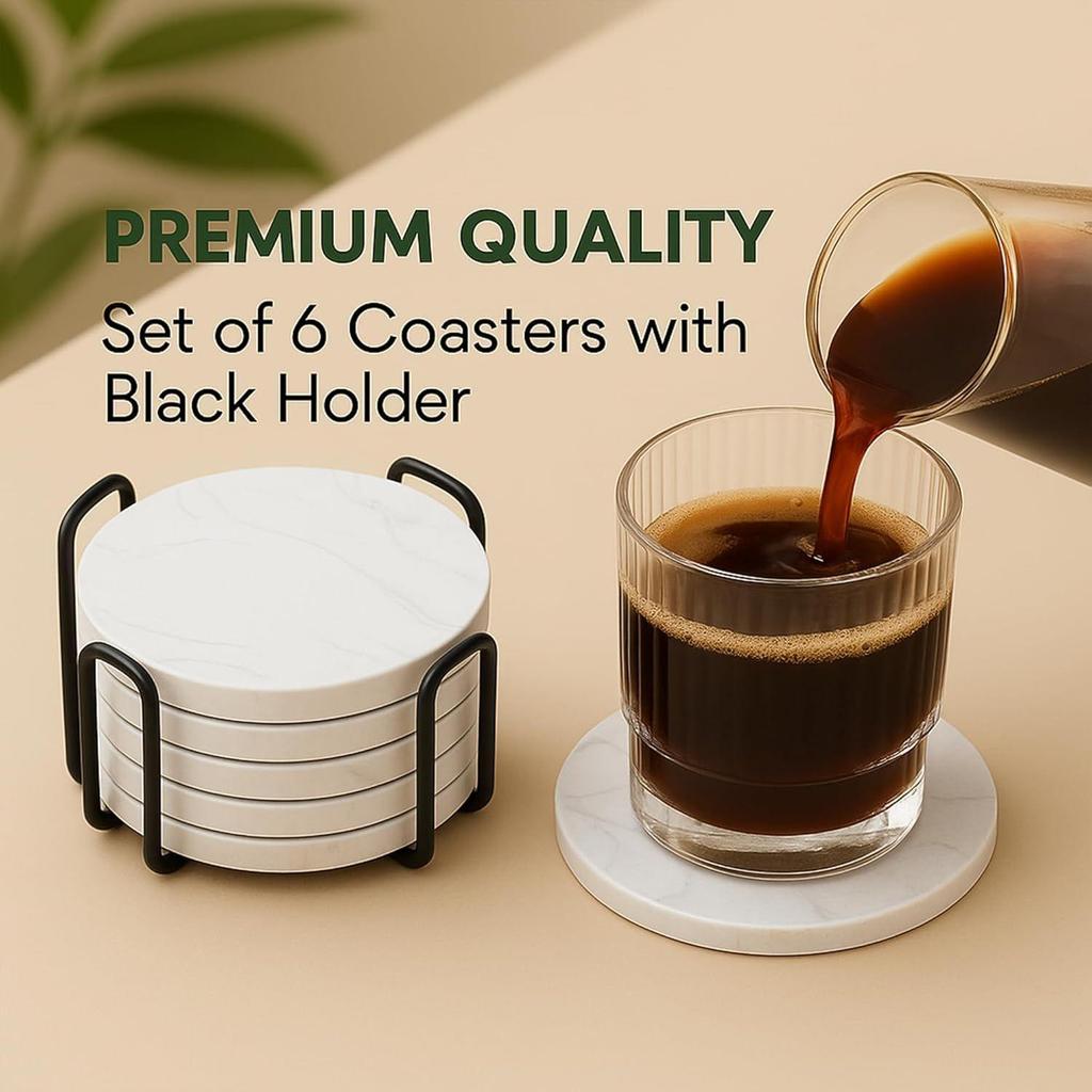 Ceramic Coasters with Matt Finish On Top & Cork Base | Coasters for Cups Set of 6 | Marble Style Ceramic Coaster for Tea, Coffee Table & Dining Table