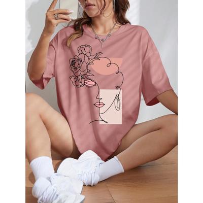 Women's Summer Abstract Face & Flower Print Round Neck Loose Fit Casual T-Shirt With Drop Shoulders