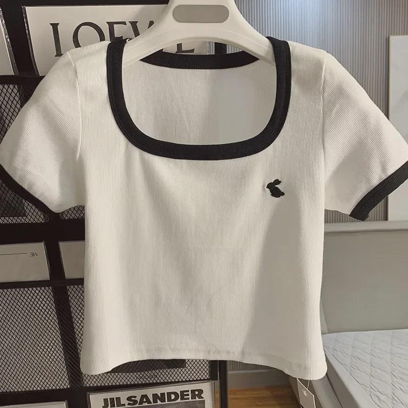 Women's Summer Retro Contrast Short-Sleeve T-Shirt with Square Embroidered Neckline and Slim Fit