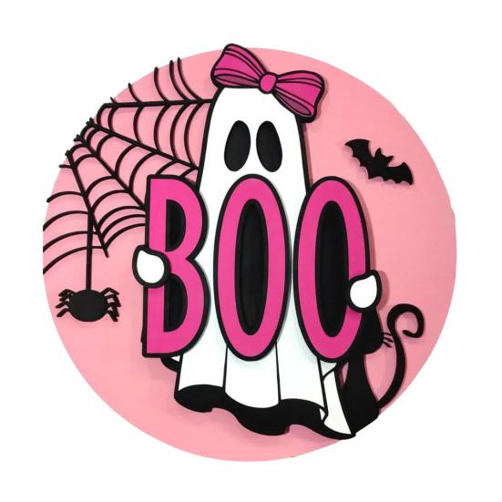 Wooden Pendant Sign Wooden Pink Ghost BOO Door Decor Fall