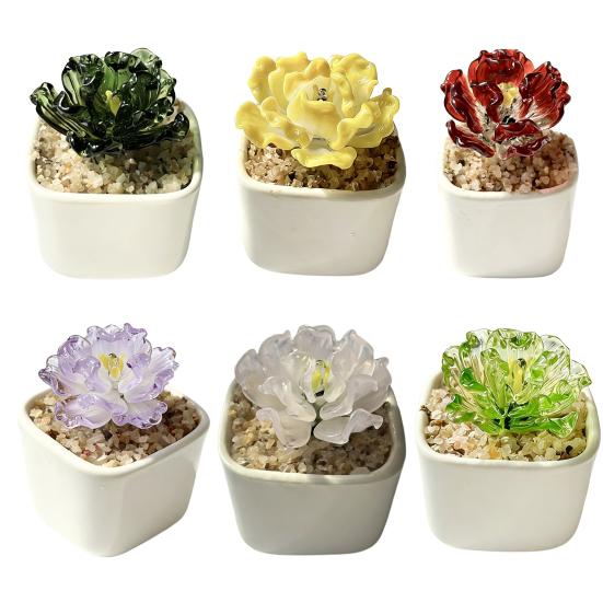 Handmade Mini Glass Flower Figurine Cute Hand Blown Small Faux Crystal Flower Bouquet In Pot Gift for Mother's Day Birthday Christmas DIY Craft