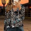 Women Plus Size Crisscross V Neck Long Sleeve Top Retro Camouflage Print Casual Loose Blouse