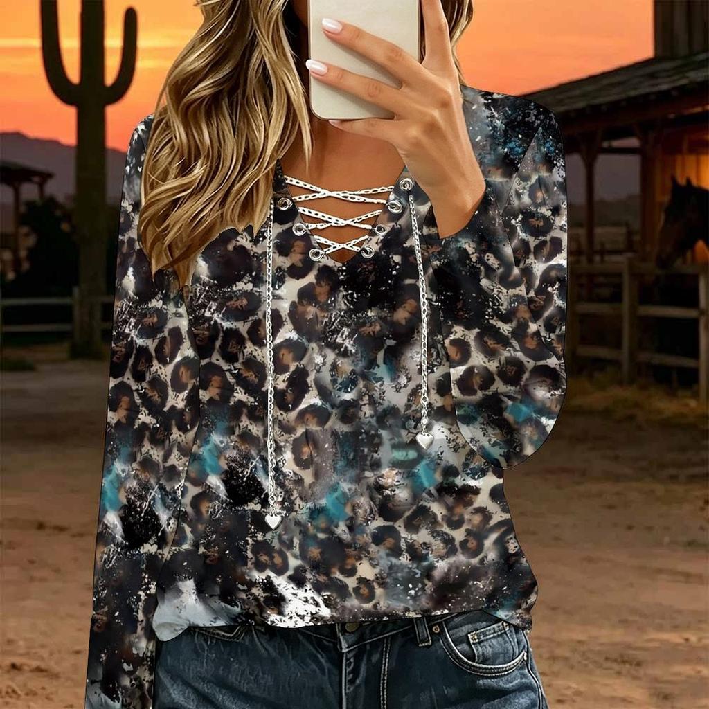 Women Plus Size Crisscross V Neck Long Sleeve Top Retro Camouflage Print Casual Loose Blouse