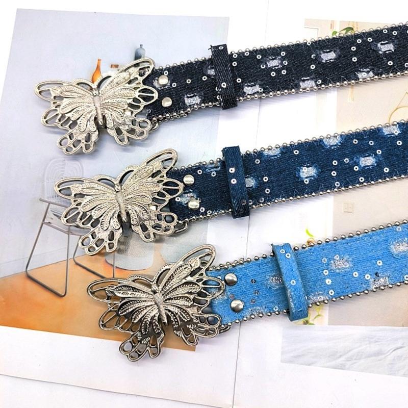 Distressed Butterfly Buckle Belt for Adult Fashion Bead Trim Sequined Waistband Jeans Belt Teens Girl Waist Accessories