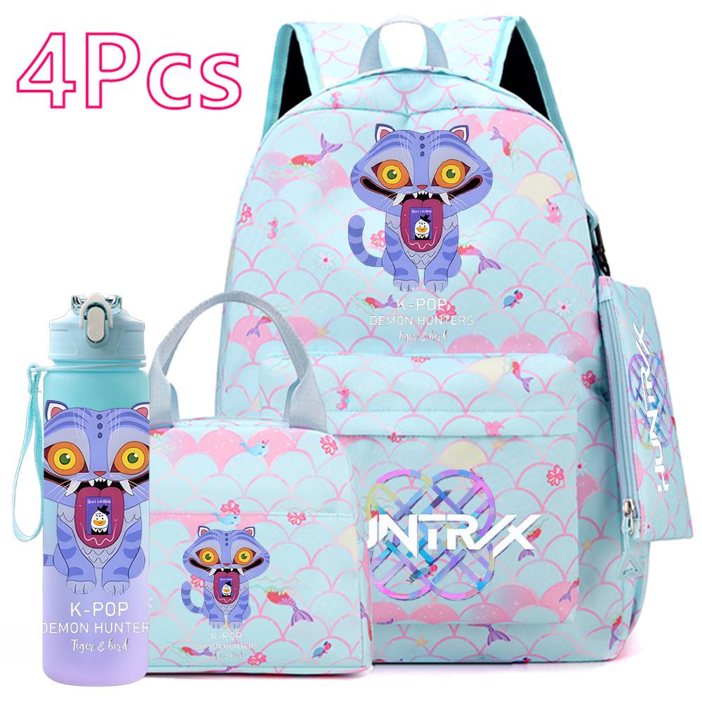 4Pcs/set Anime Cute Printed Backpack Large Capacity Bookbag HandBag Case Bag with 750ml Water Bottler Boy Girl SchoolBag Waterproof Mochila