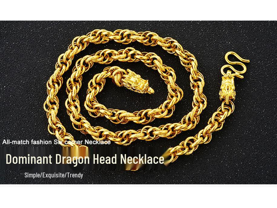 Gold-Plated Dragon Head Twist Necklace: Bold Design for Men & Women, New Vietnamese Sand Gold Imitation Style.