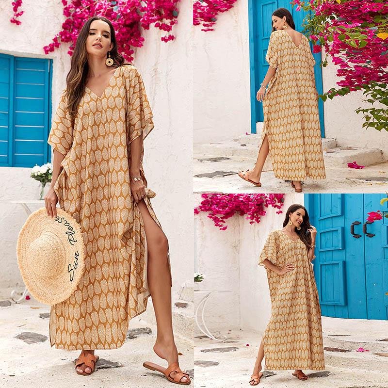 Bedruckter V-Ausschnitt Strandüberwurf: Europäischer & Amerikanischer Stil Lockerer Bademantel für Strandurlaube