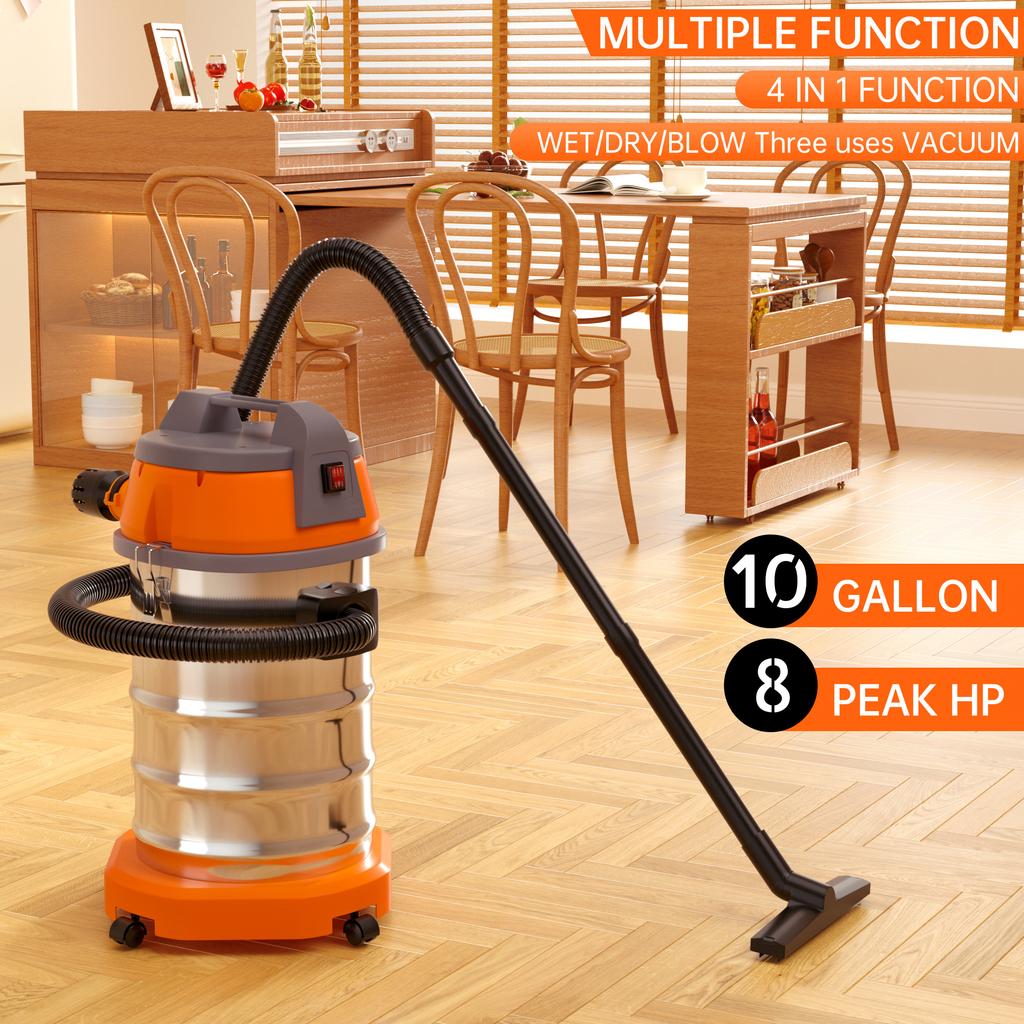 Vacuum Cleaner Wet Dry Blow Three Uses 10 Gallon 3200w 8 Peak Hp Stainless Steel Shop Vac Garage Portable