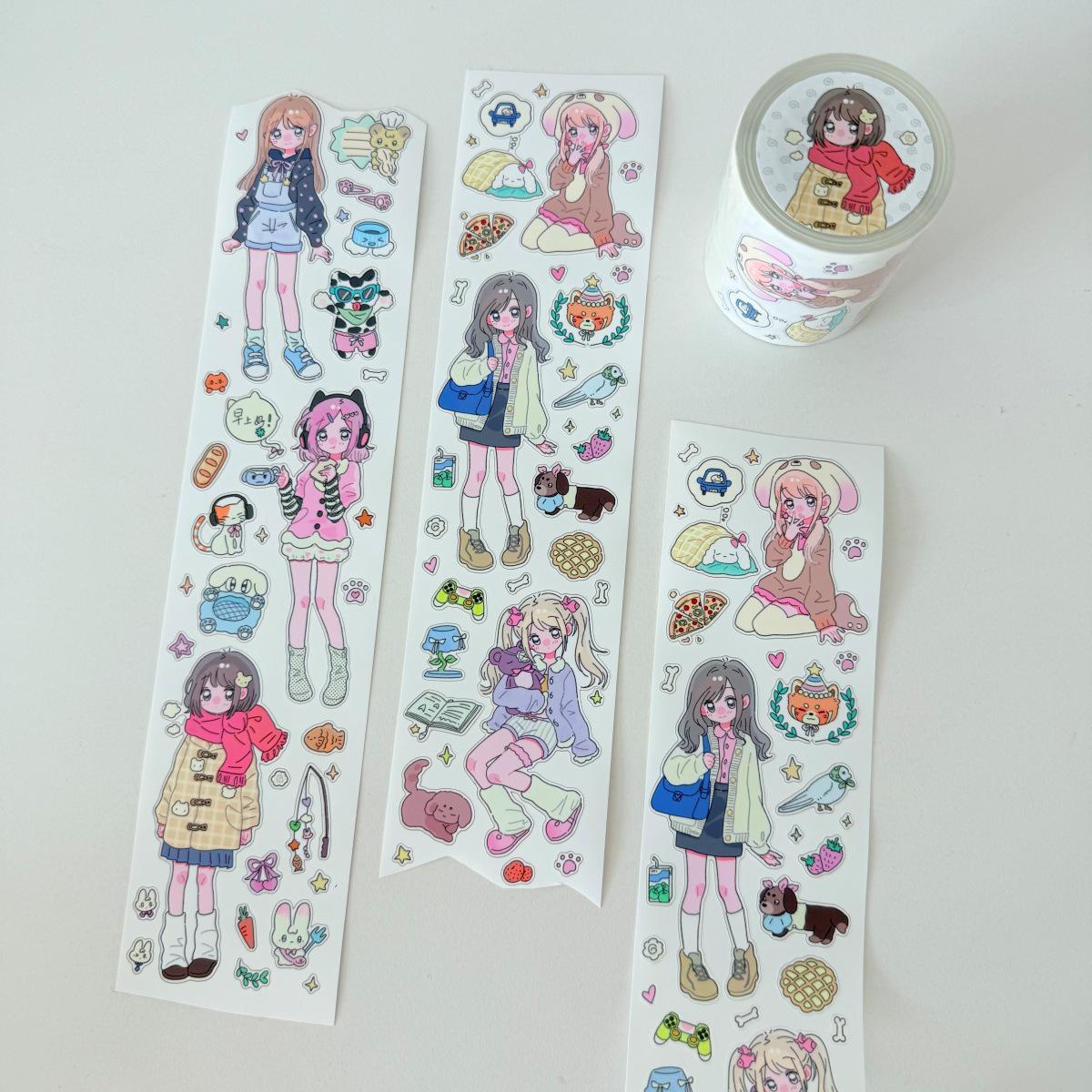 Energetic Girl Sticker Roll: Cute Character Collage PET Illustration for Journals