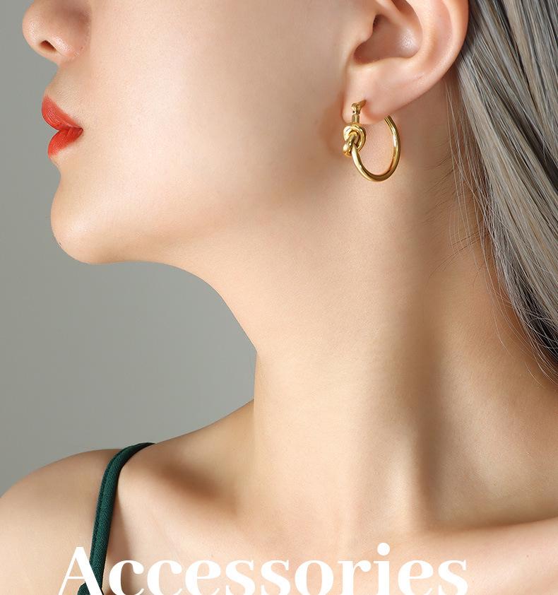 Hong Kong Style 18K Gold-Plated Titanium Slimming Knotted Hoop Earrings for Women