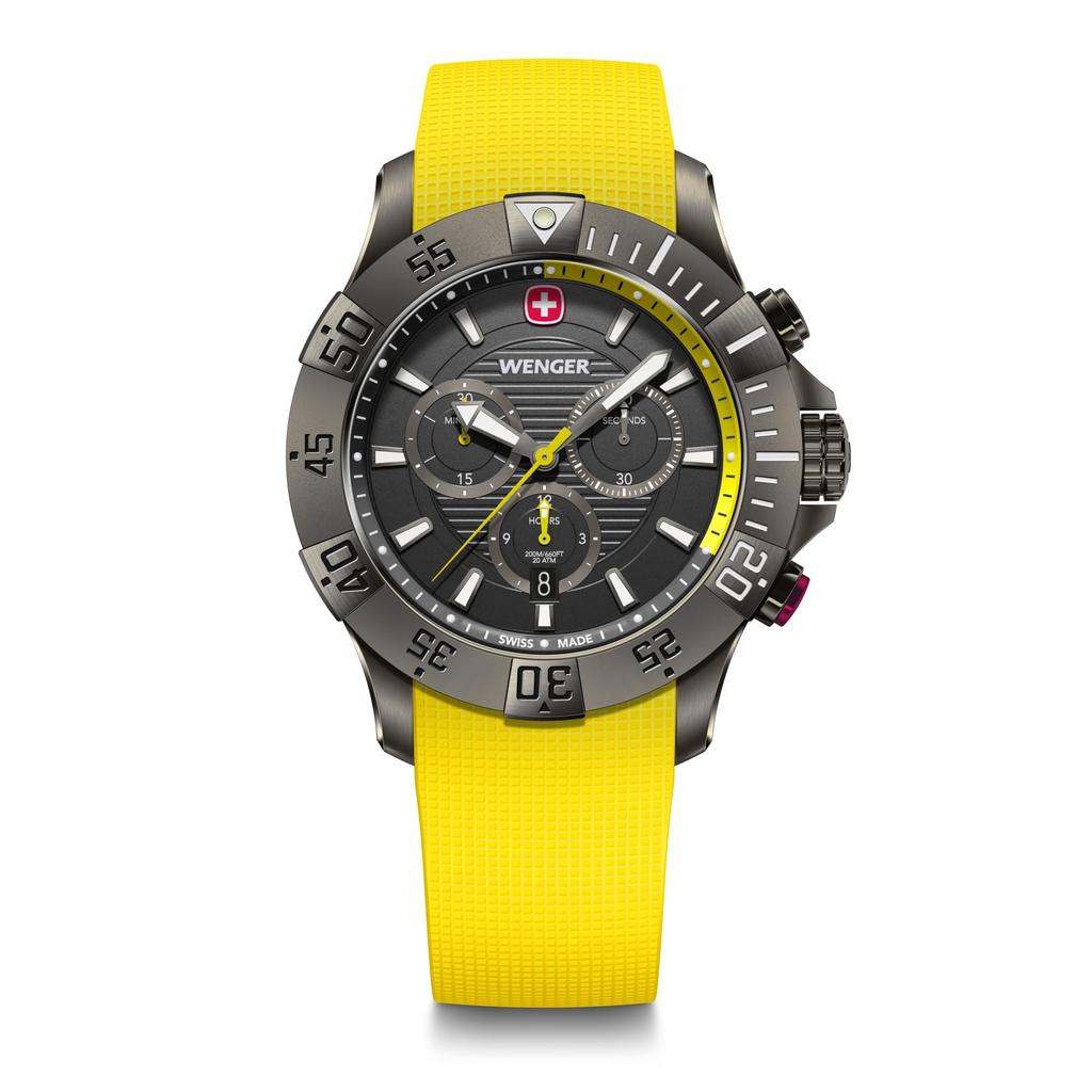 WENGER SEAFORCE CHRONO Quartz Analog Watch with Stainless Steel Case Black Ice Yellow Silicone 200m Water Black Men's (316L), Dial, Strap, Resistance,
