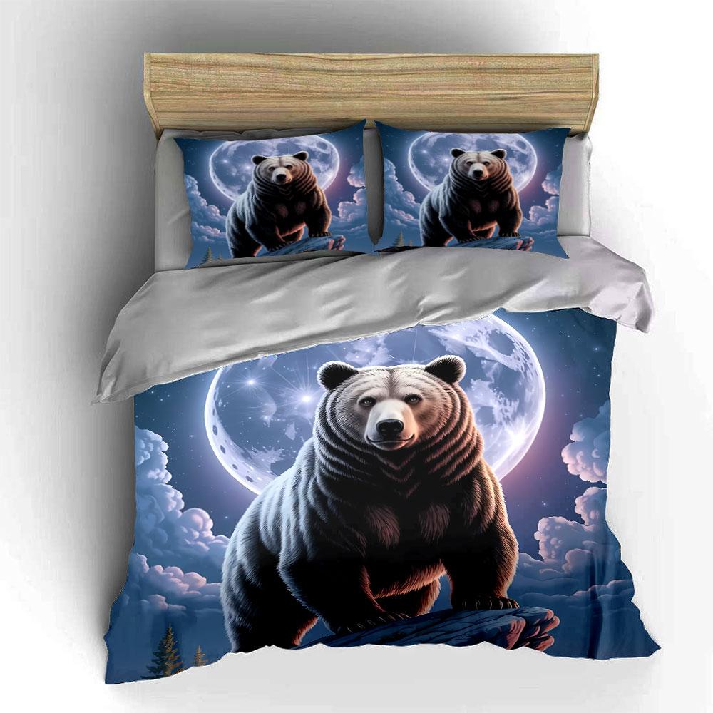 Bear Under Full Moon Night Bedding Duvet Cover Set Duvet Cover Pillowcases (1*Duvet Cover 2*Pillowcases, without duvet insert)