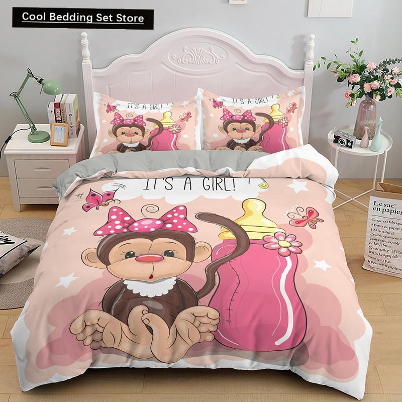 Pink Cartoon Animal King Queen Duvet Cover Kawaii Panda Pattern Bedding Set for Kids Girls Wildlife 2/3pcs Polyester Quilt Cover