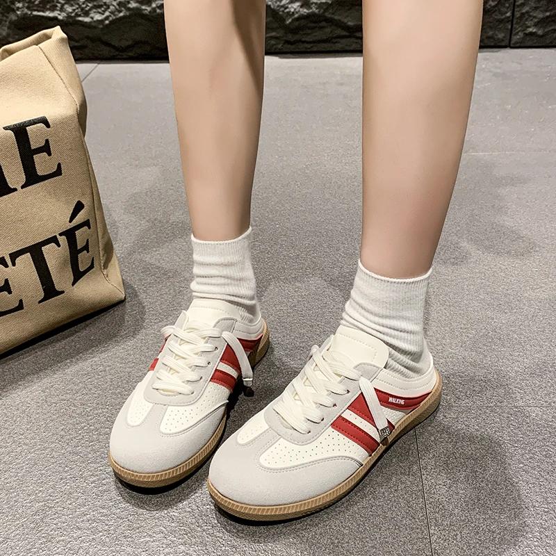 Fashion Women's Mules Flat Sole Lace-up Decoration Cover Toe Cow Suede Women's Slippers Leisure Dress Comfortable Zapatillas De Mujer