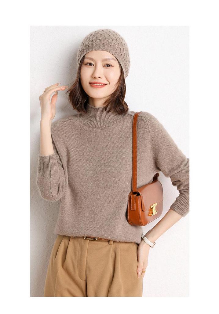 Women's Cashmere Saddle Shoulder Pullover - 2024 Autumn/Winter Thick Knit Half-High Neck Sweater