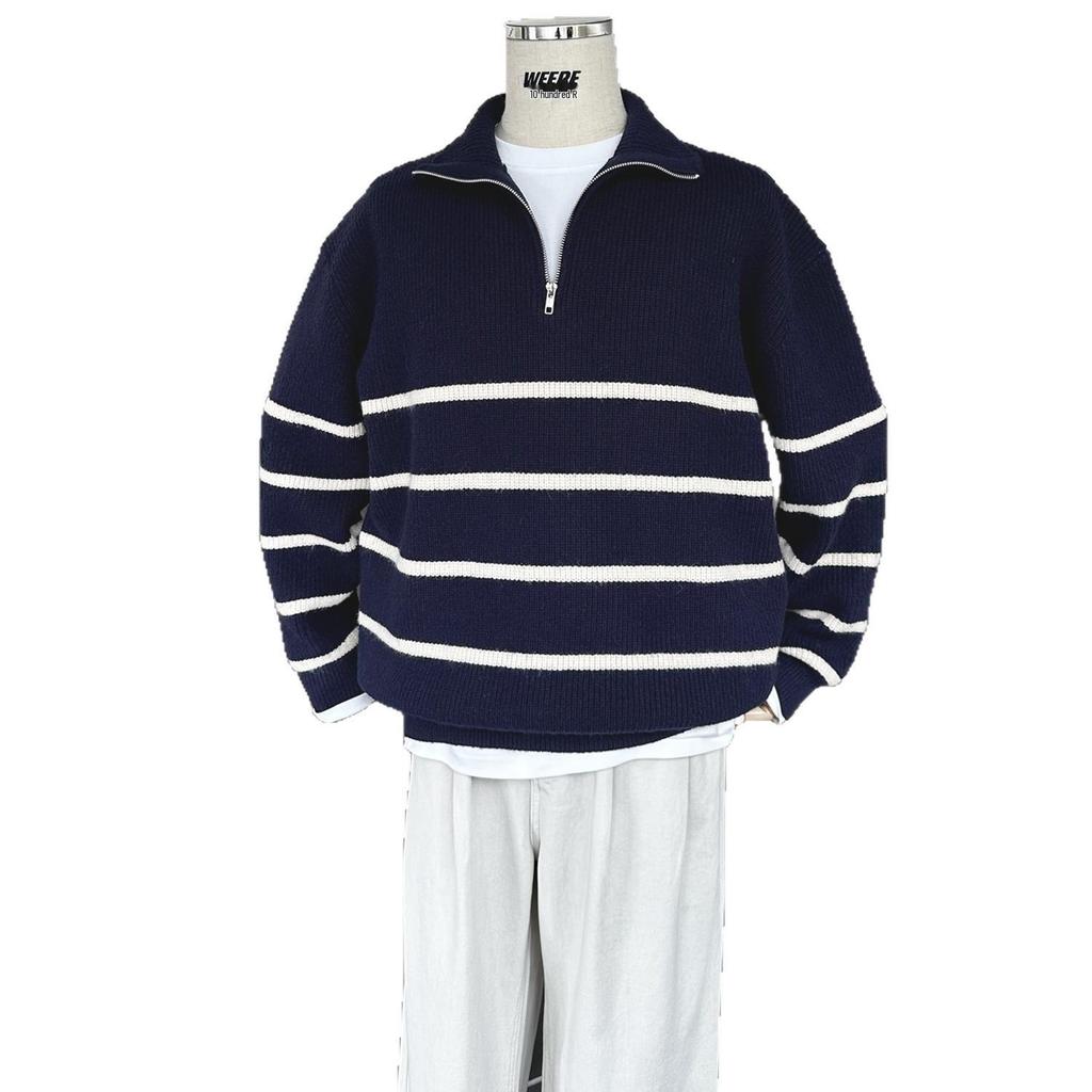 Men's Casual Striped Half-Zip Pullover Sweater - Stand-up Collar, Versatile Autumn/Winter Knitwear with High-End Feel