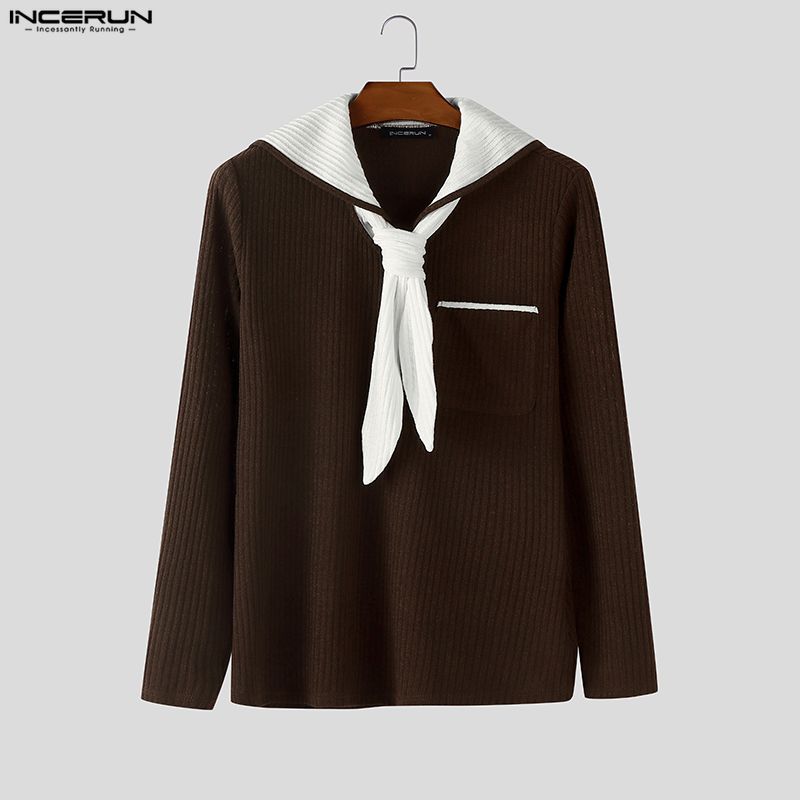 INCERUN Men Sailor Collar Long Sleeve Stitching Autumn Rib Knitted Pullovers Tops