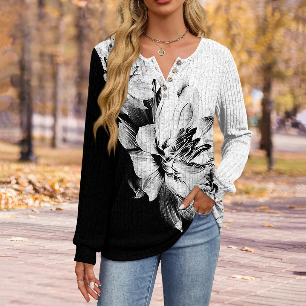 Women's Fashion V-Neck Button-Up T-Shirt With Floral Print Long-Sleeved Top
