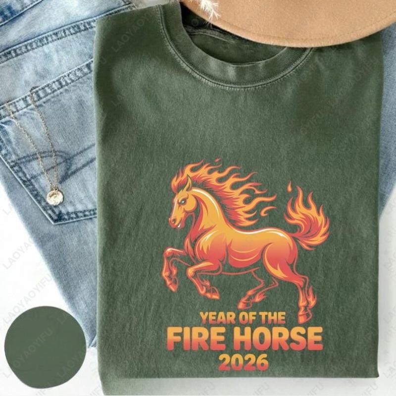 Fire Horse 2026 Women Men Cotton Tees Chinese New Year Graphic Unisex Tshirt Hipster Street Fashion Streetwear Unisex Adult Tops