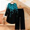 Geometric Pattern Print Two Piece Outfit Women Long Sleeve Irregular Hem Tunic Top Wide Leg Pants Casual Matching Set