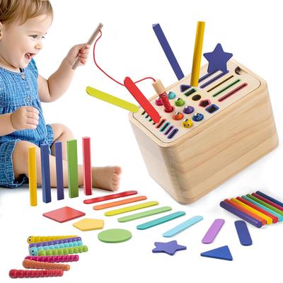 TENGEE Montessori Educational Toy for 3-Year-Olds, Wooden Baby Toy, Popular Multi-Peg Fishing Box, Develops Hand-Eye Coordination, Color, Shape, and
