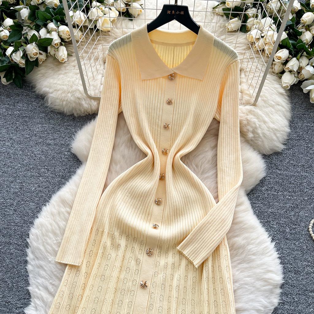 Autumn Winter Women Elegant Polo Collar Knitted Sweater Metal Button Long Maxi Split Pullover Dresses