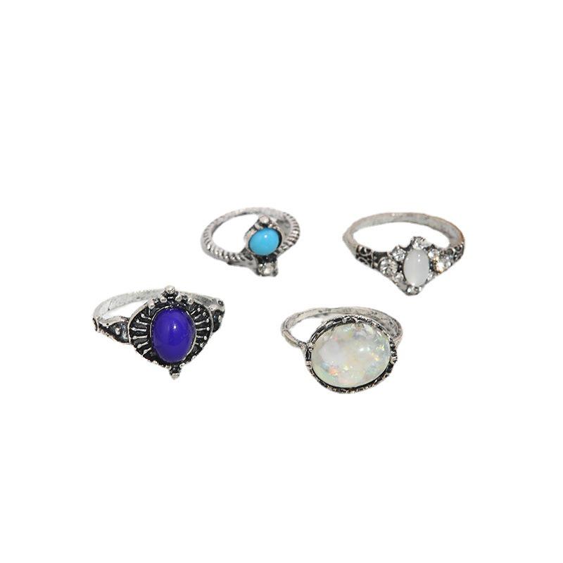 Retro Batı Kristal Değerli Taş Rhinestone İnci 4 Parça Yüzük Seti