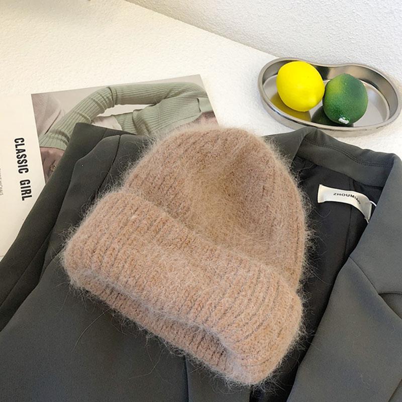 

2021 Зимова жіноча шапка з хутра кролика Шапка-біні Кашемірова вовняна шапка Ангорська в’язана шапка Skullies Товста тепла м’яка в’язана шапка Капелюшок