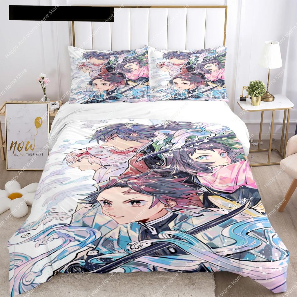 Comforter Anime Demon Slayer Print Bedding Set 2/3Pieces Nezuko Queen Double Single King Size Boys Adults Gift