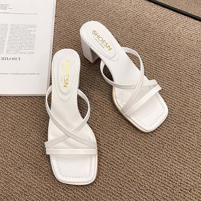 Korean Version Thick Heel High Heeled Sandals Female 2024 New Fashion Casual Simple All-match Square Toe Slippers Summertime