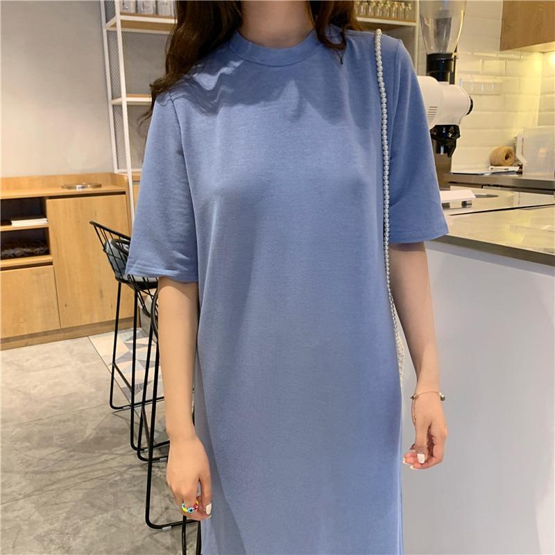 Women's Fashion Summer Spring Solid Color Print 1/2 Sleeves O-Neck Loose Waistline Casual Dresses