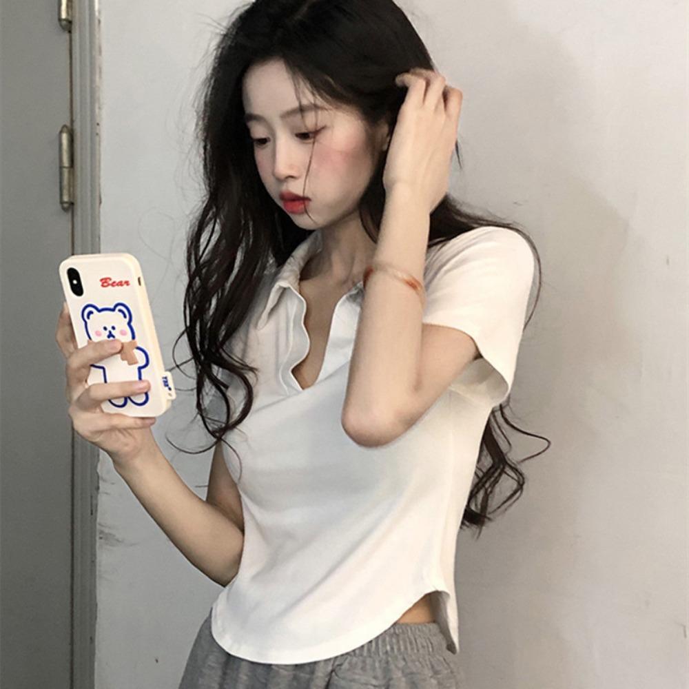 Short-Sleeved T-shirt Women's Short Skinny T-shirt Summer Design Retro Hot Girl Top Clothes Polo