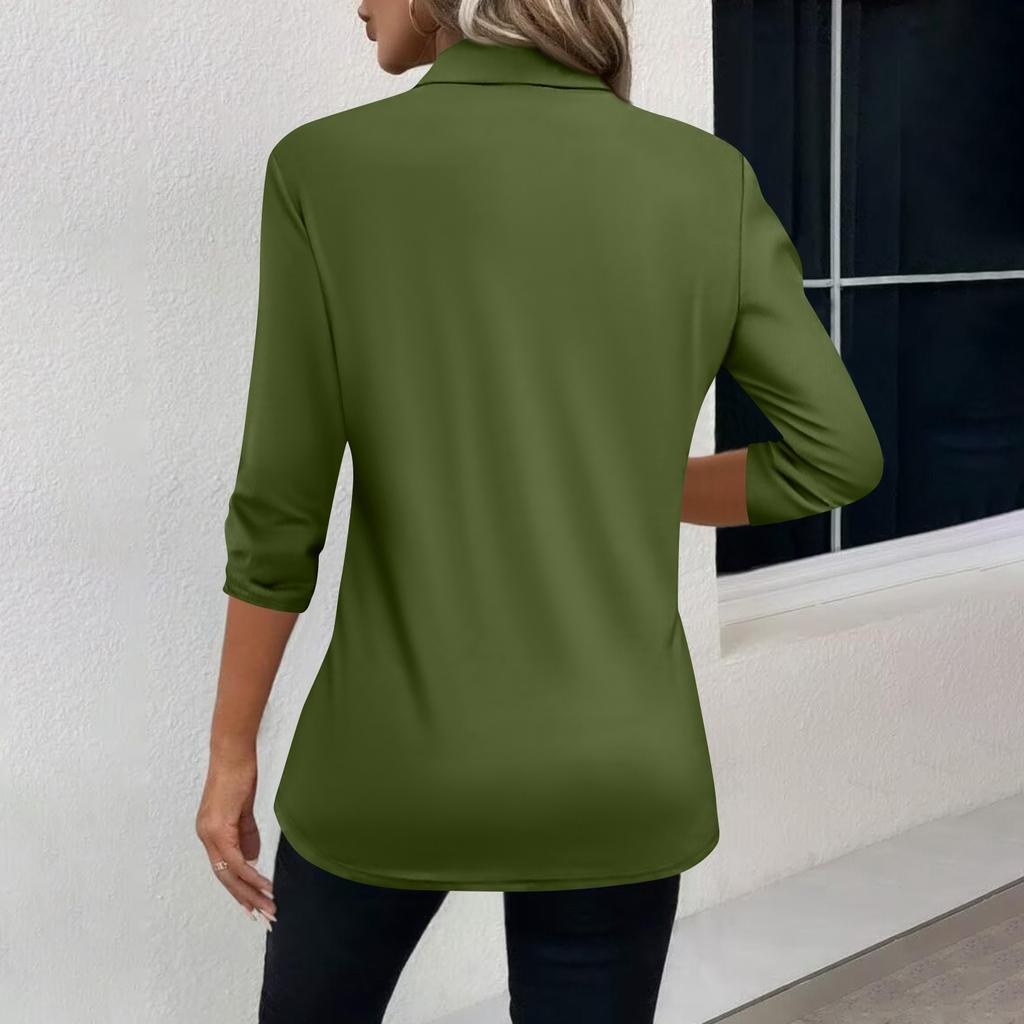 Women's Fashion Casual Lapel Short 3/4 Sleeve Solid Color Shirt Women's V-Neck Button Tops