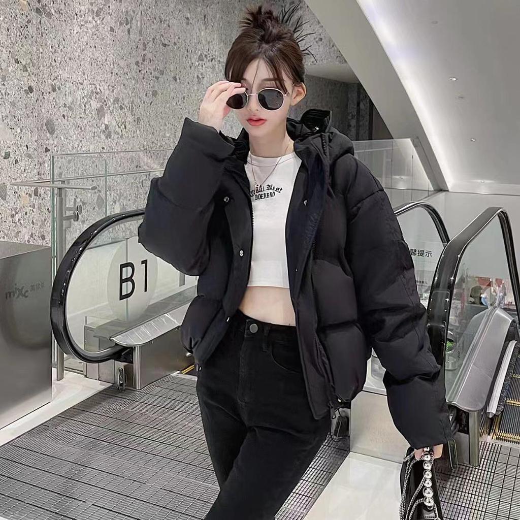 Women's Short Light Down Jacket Autumn Winter Hooded Single Breasted Loose White Duck Down Coat Pocket Stand Collar Solid Color