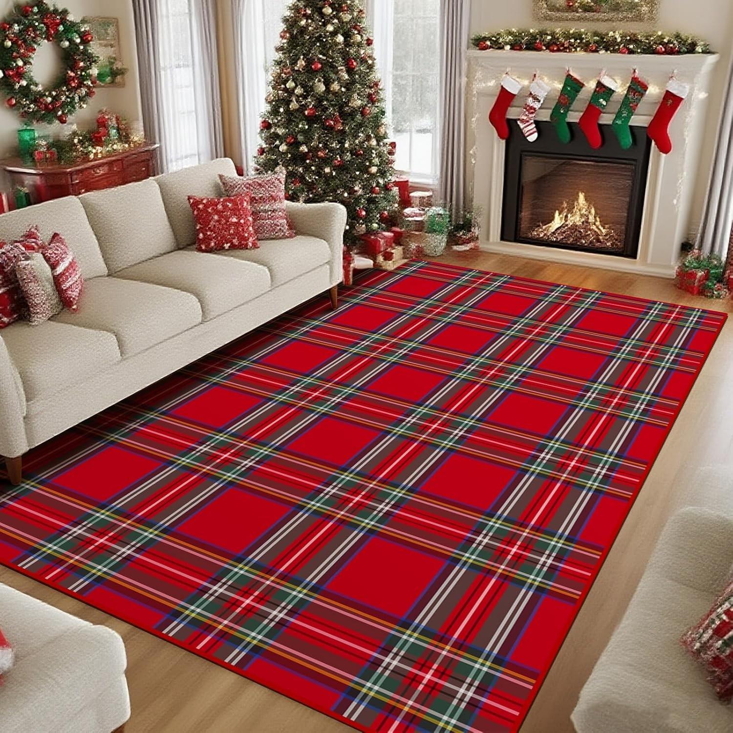 

Christmas Area Rug Xmas Red Plaid Washable Christmas Rug Non-Slip Xmas Floor Carpet for Living Room Bedroom Kitchen Hallway 40x60cm