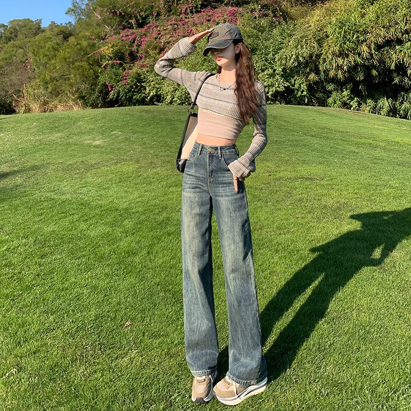 

Женские джинсы Li She цементно-серого цвета с широкими штанинами в стиле ретро - Весна 2024, стрейч, для миниатюрных, прямые 2XL