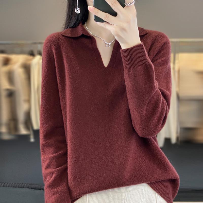 2023 Autumn/Winter Seamless Wool V-Neck Polo Sweater: Short, Solid Color, Loose Knit Base Layer