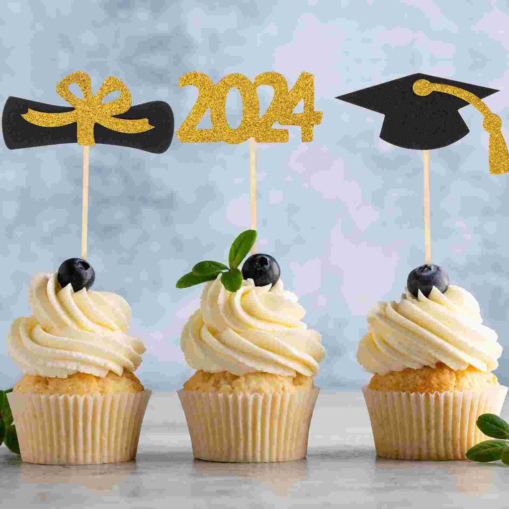 12 Pcs Top Hat Dessert Graduation Season Cake Insert Cakes Wood Paper Cupcake Picks Decor