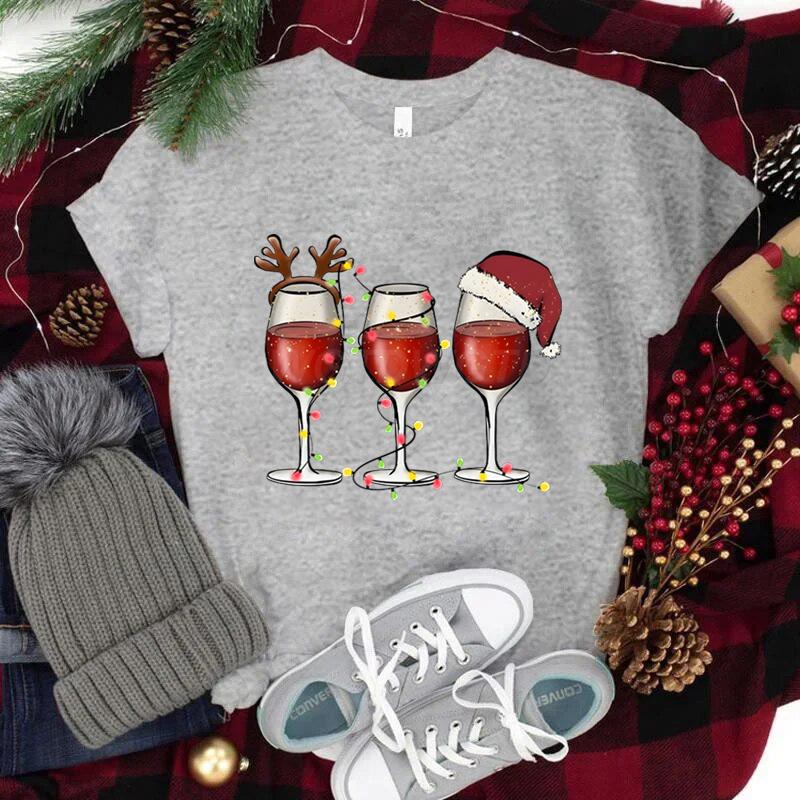 Women Wine Glass Christmas Hats T Shirt Lights Xmas Gifts Cartoon Top Happy New Year Tshirt Harajuku Fashion Womens Clothing