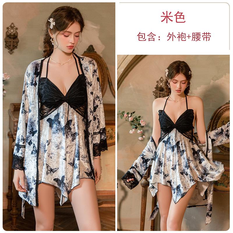 Women's Velvet Lace Mesh Butterfly Padded Backless Tie Sleep Dress with Robe Lounge Set