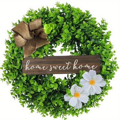 Spring Summer Wooden Sign Wreath Artificial Green Leaves Floral Wreath with Burlap Bow and for Front Door Window Hanging Wall Party Decorations