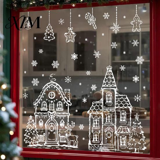 Static Window Decals 4Pcs Christmas Town House Stickers, Removable Snowflake Glass Home Ornaments Decals, Reusable PVC Clings for Holiday Party Decor