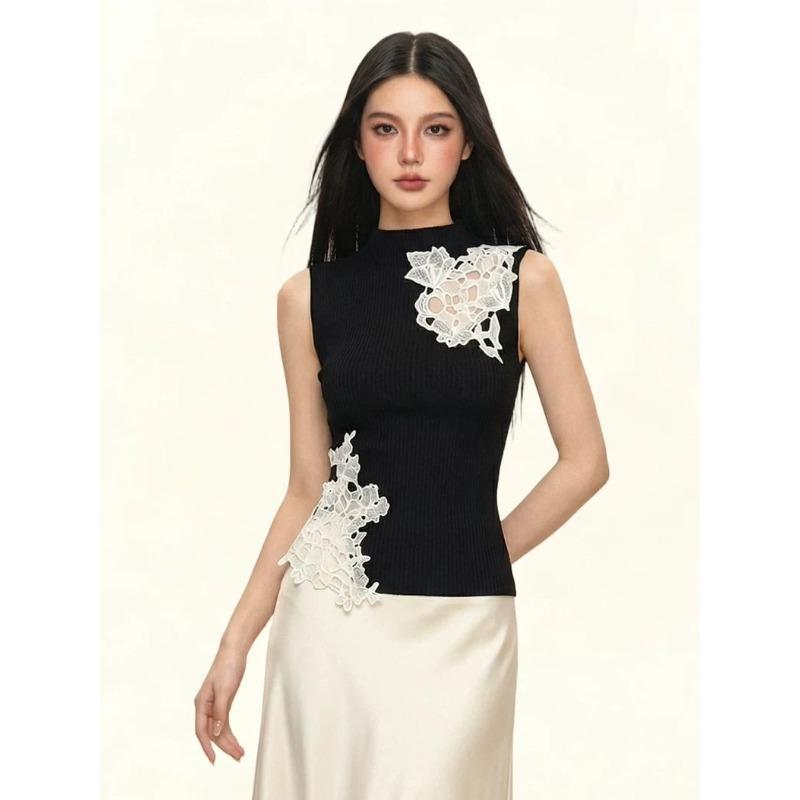 

Элегантные черные кружевные цветочные ажурные топы Летняя женская модная футболка M чёрный