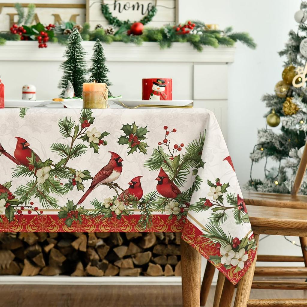 Christmas Cardinal Bird Pine Cone Waterproof Tablecloth Table Decor Winter Xmas Kitchen Dining Tablecloth Christmas Decorations