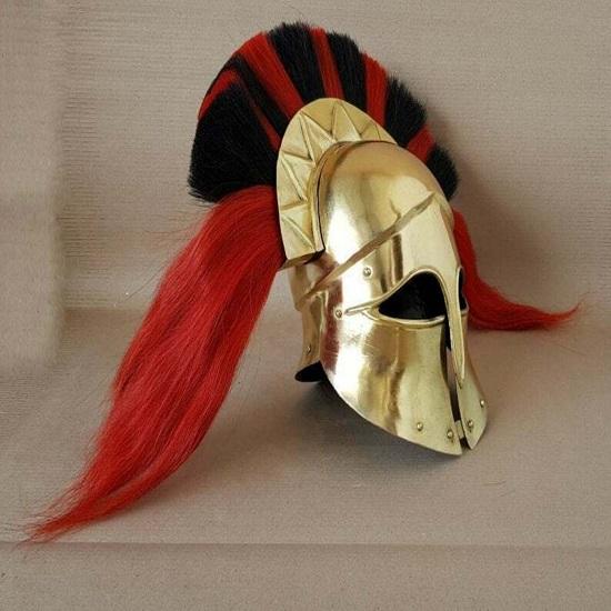Griechischer korinthischer Helm aus Messing mit roten 7 schwarzen Federn, Ritterkostüm SCA Lerp