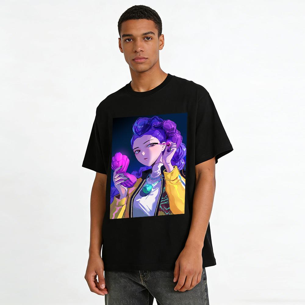 Cyberpunk Style Purple Hair Girl Print Long Sleeve Top Casual Loose Unisex Streetwear Pure cotton T-shirt