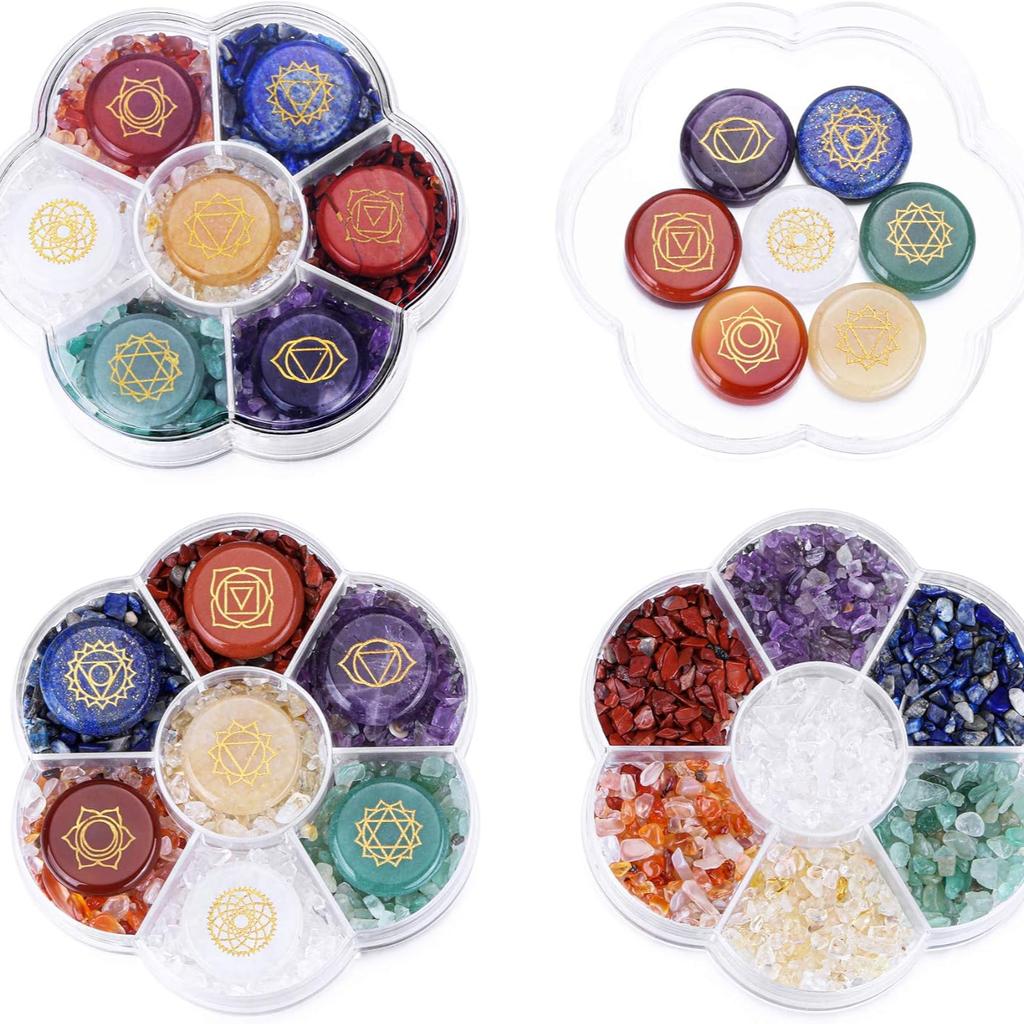 CrystalTears 7 Chakra Kristallsteine, Natürliche Reiki Heilkristalle mit eingravierten Chakra-Symbolen, Trommelpoliertes Chakra-Stein-Set