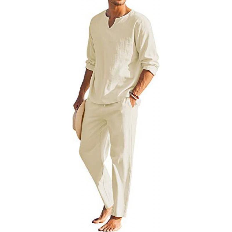 Traje de Moda Deportiva Casual de Tendencia para Hombre de Primavera y Otoño, Explosivo, de Color Sólido, Cuello en V, Camisa y Pantalón