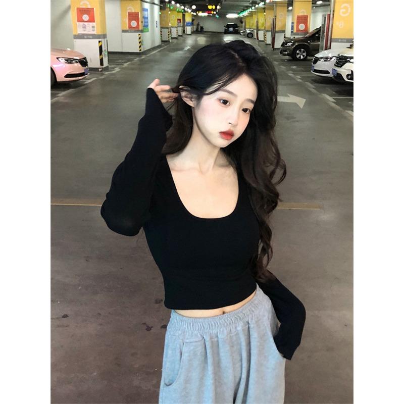 

Осенняя новинка Pure Wind Spice Girl Big U Neck Slim Slim Short White Long Sleeves T Shirt Top Женская мода 2XL