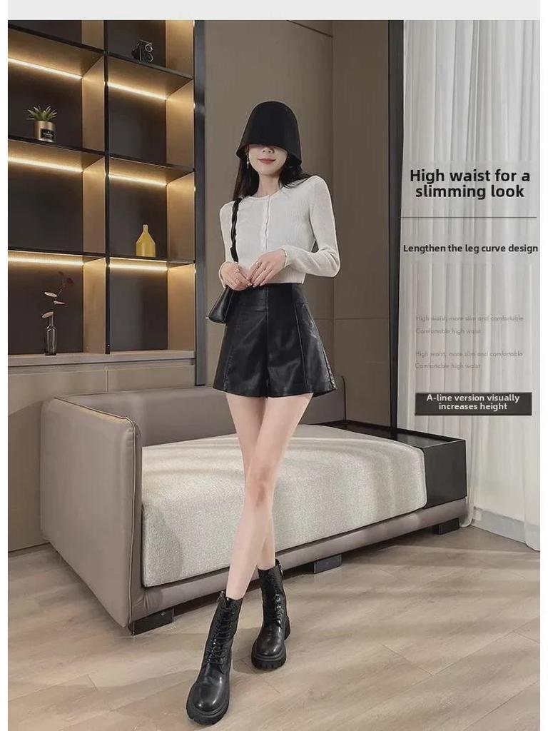 2024 Women's High-Waist PU Leather A-Line Wide-Leg Shorts for Autumn & Winter - Versatile Outdoor Wear